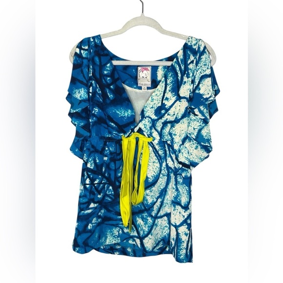 Yoana Baraschi Blue Silk Print Top Size Small 6 Ruffle Sleeve Tie Waist - Picture 1 of 6